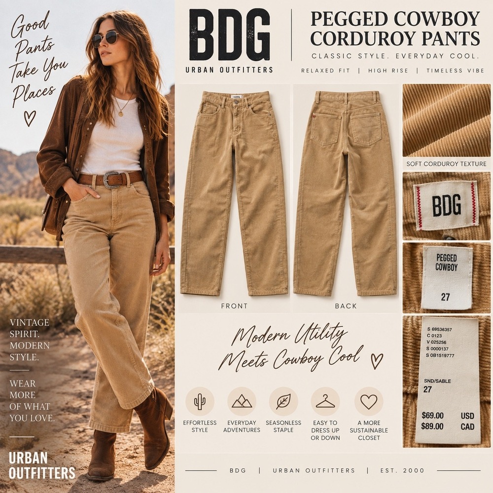 BDG Urban Outfitters Pegged Cowboy Corduroy Pants Women 27 Sable OB1519777 NWT